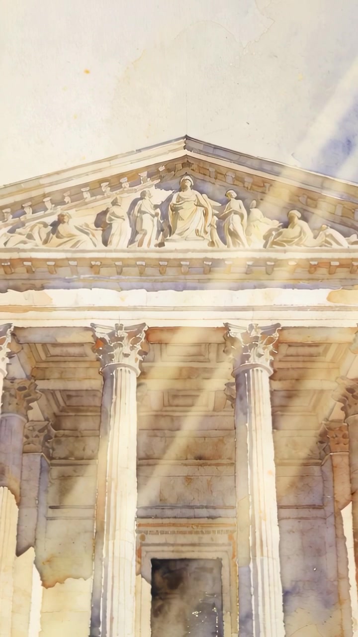Video verticale: Portico illuminato sulla facciata, raggi di sole che iniziano ad attraversare 3 colonne corinzie dal cielo.