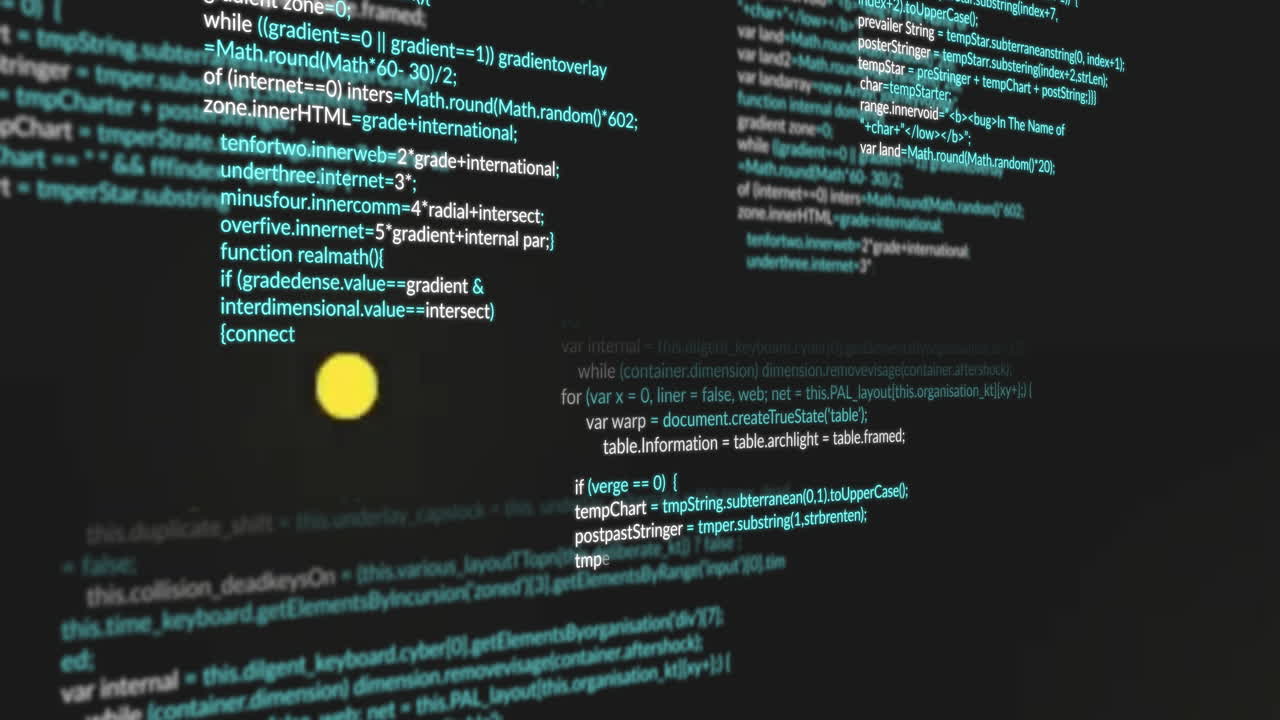 Animation of computer code with floating yellow dot, suggesting data processing