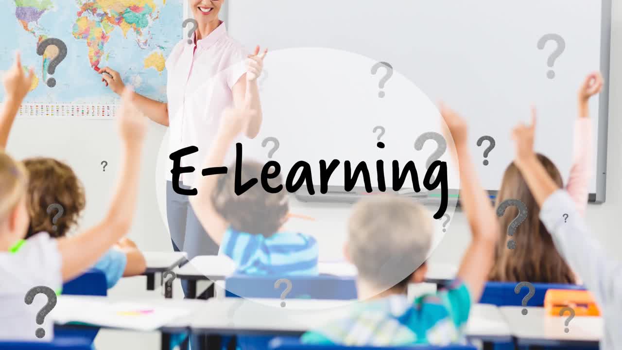 E-learning text banner and question mark icons floating against female teacher teaching students