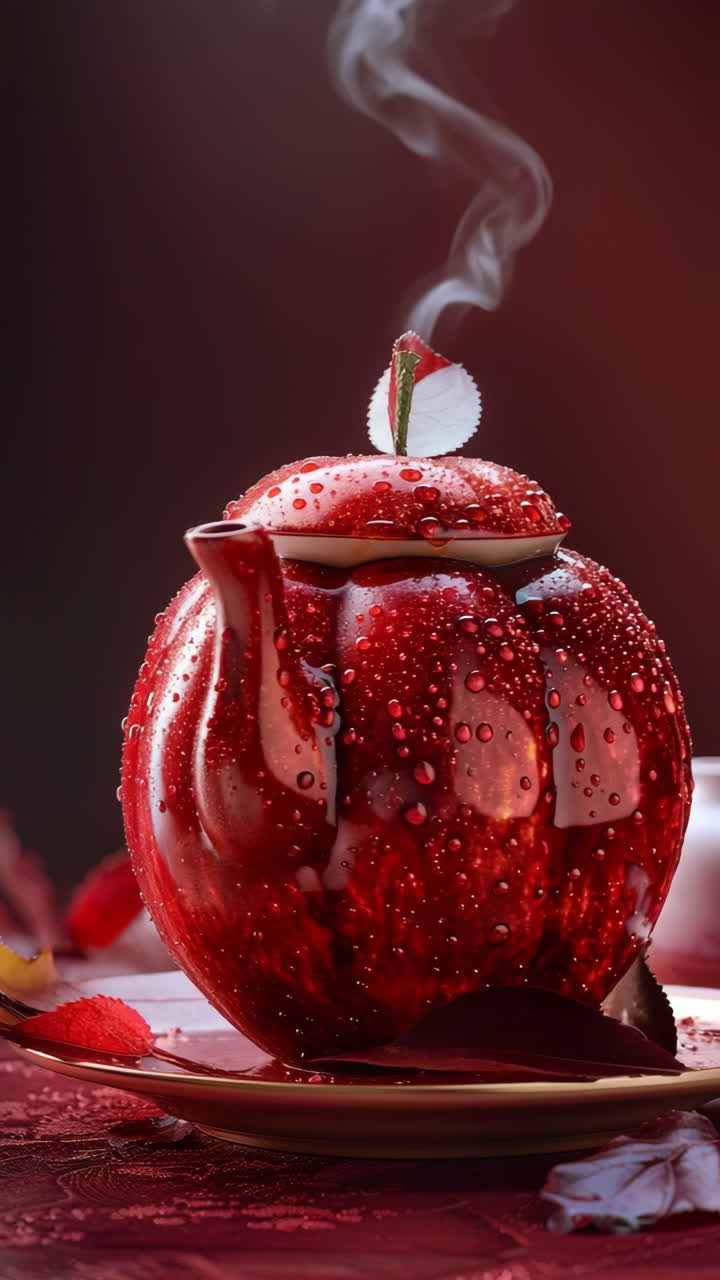 Autumn teapot with rising steam. A vibrant red teapot with droplets sits on a table, steam rising and leaves adding warmth to the autumn atmosphere.