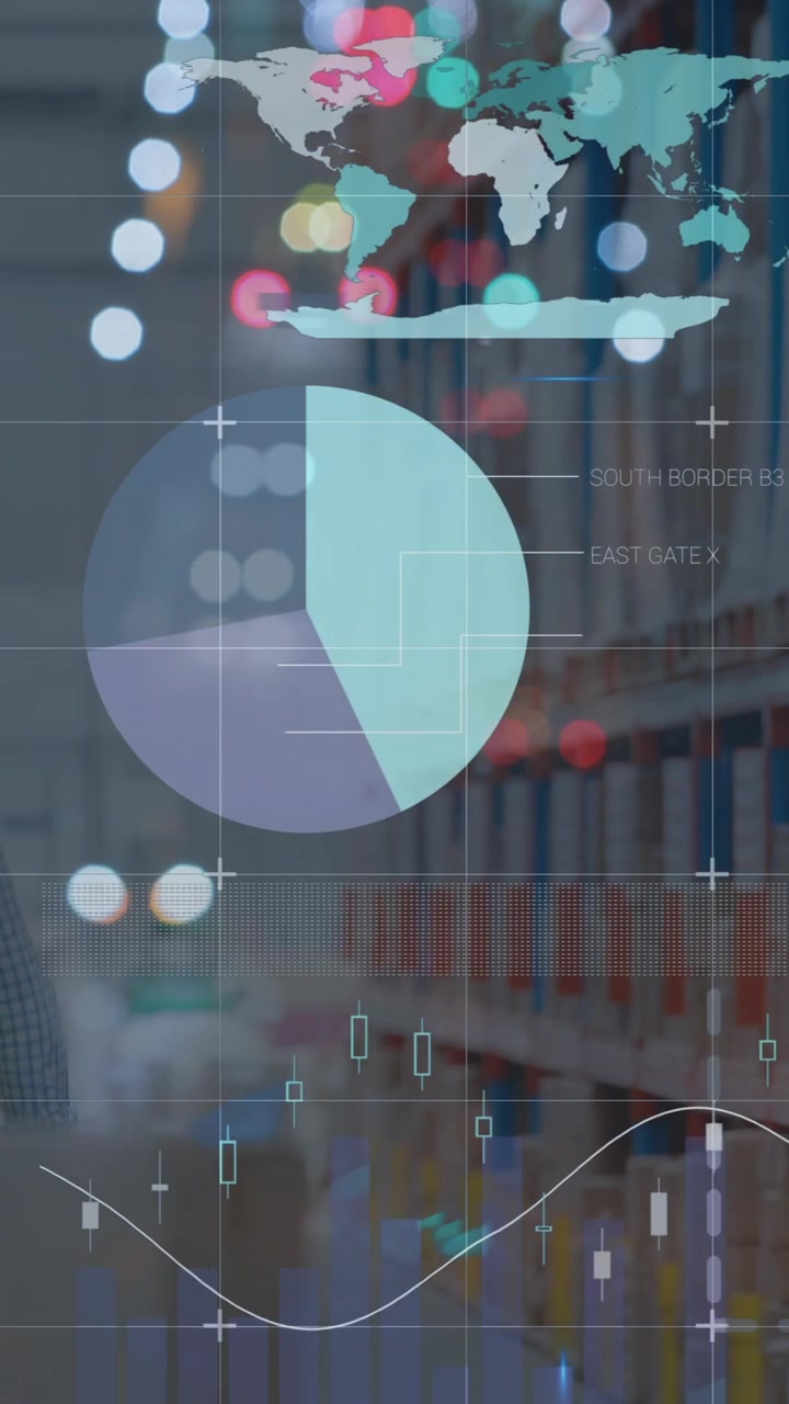 Animación de gráficos y datos financieros sobre un trabajador de almacén caucásico.