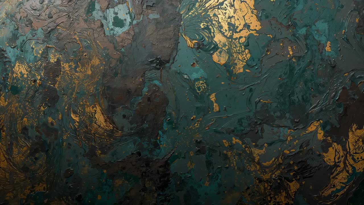 Holding closeup camera filming textured abstract painting in studio, highlighting impasto gold