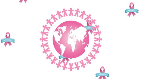animation of multiple pink ribbon logo falling over pink globe text appearing on white background