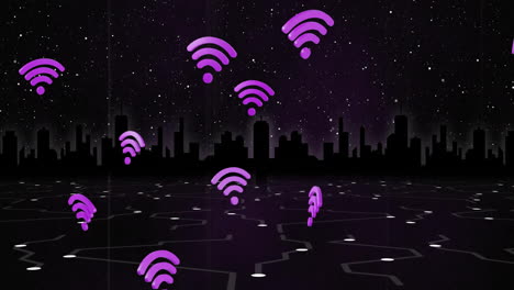 Animación-De-Iconos-Wifi-Sobre-Paisaje-Urbano-Sobre-Fondo-Negro