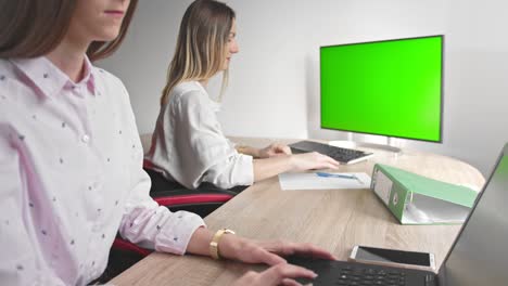 two business women work in the home office during quarantine chroma key