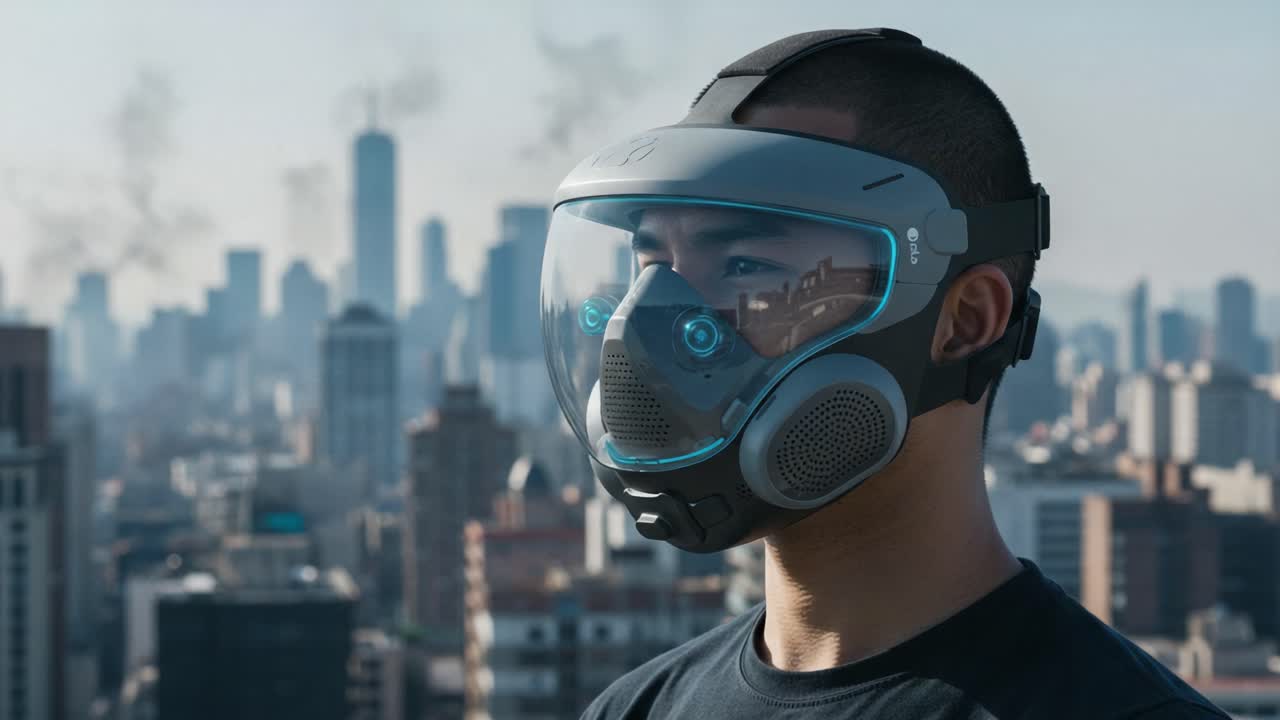 A futuristic individual donning a sophisticated mask stands on a rooftop, gazing at a bustling cityscape, shrouded in a veil of pollution and urban lifestyle