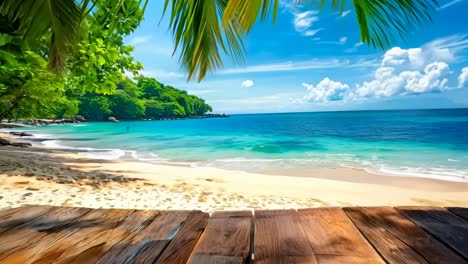 a wooden table with a view of the ocean and palm trees