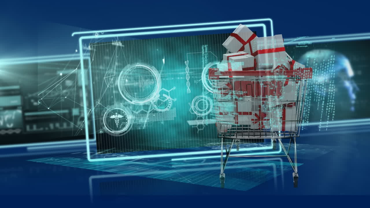 animación del procesamiento de datos sobre el carrito de compras con regalos