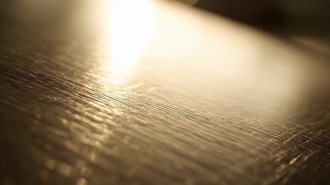 Close-up of Scratched Wooden Table Surface with Warm Sunlight Reflection