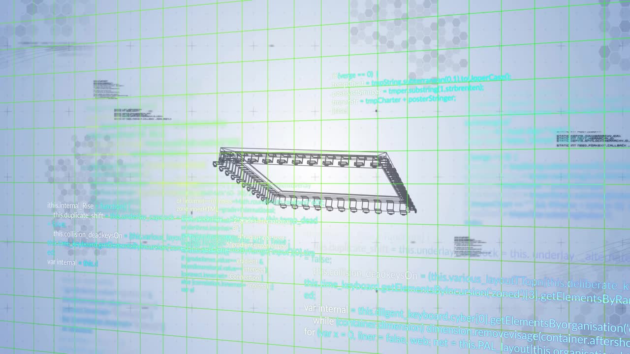 Wireframe electronics appearing on green grid forming circuit as camera orbiting and code sliding