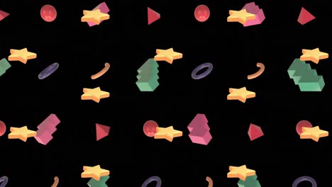 Animation-of-colourful-shapes-repeated-on-black-background