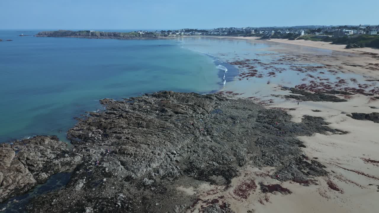 Saint-Malo beach, Brittany in France. Aerial backward