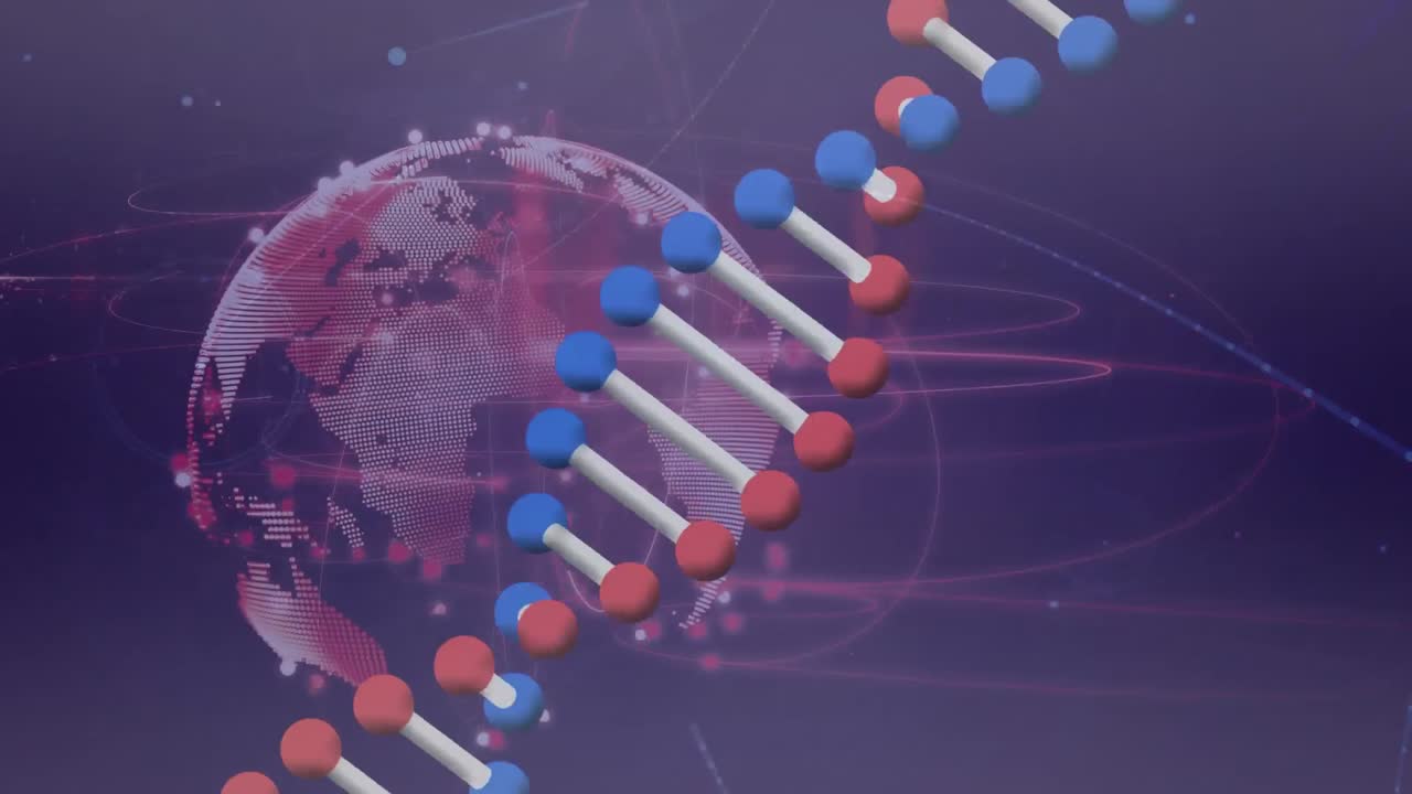 animación de cadena de adn y globo con red de conexiones