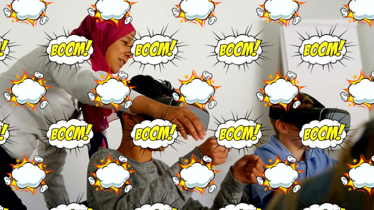 버추얼 리얼리티 헤드을 사용하는 어린이에 대한 음성 거품에 대한 문자