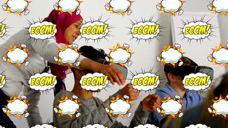 boom text on speech bubbles against kids using virtual reality headset