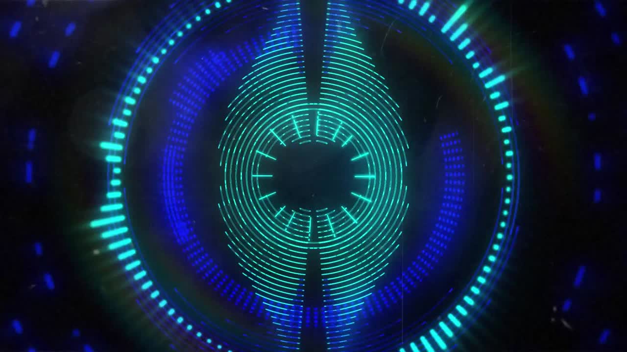 노란색, 파란색, 초록색으로 빛나는 박동하는 원과 삼각형의 애니메이션