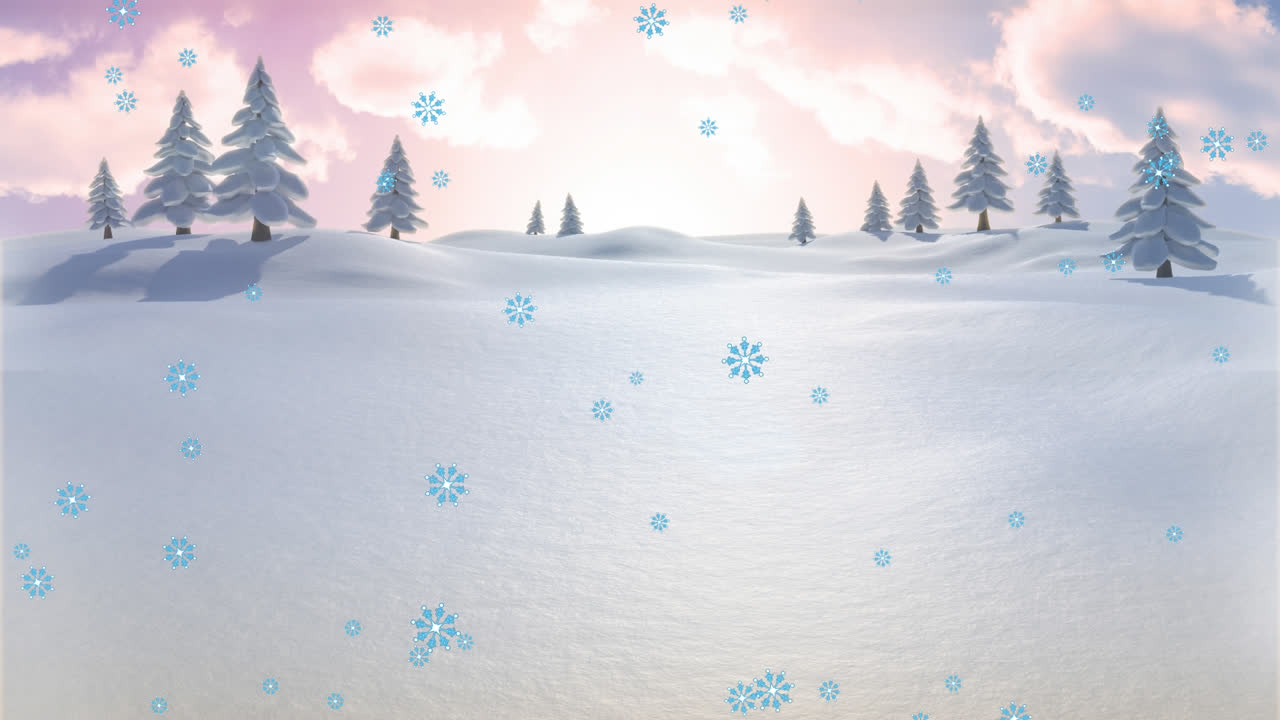 Animazione di neve che cade su paesaggio invernale