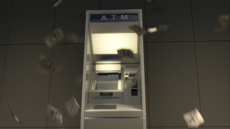 the financial and business concept. the atm machine used to withdraw money. the customer put a plastic card in a reader and enter the pin. money burst out of the slot and falling down to the floor.