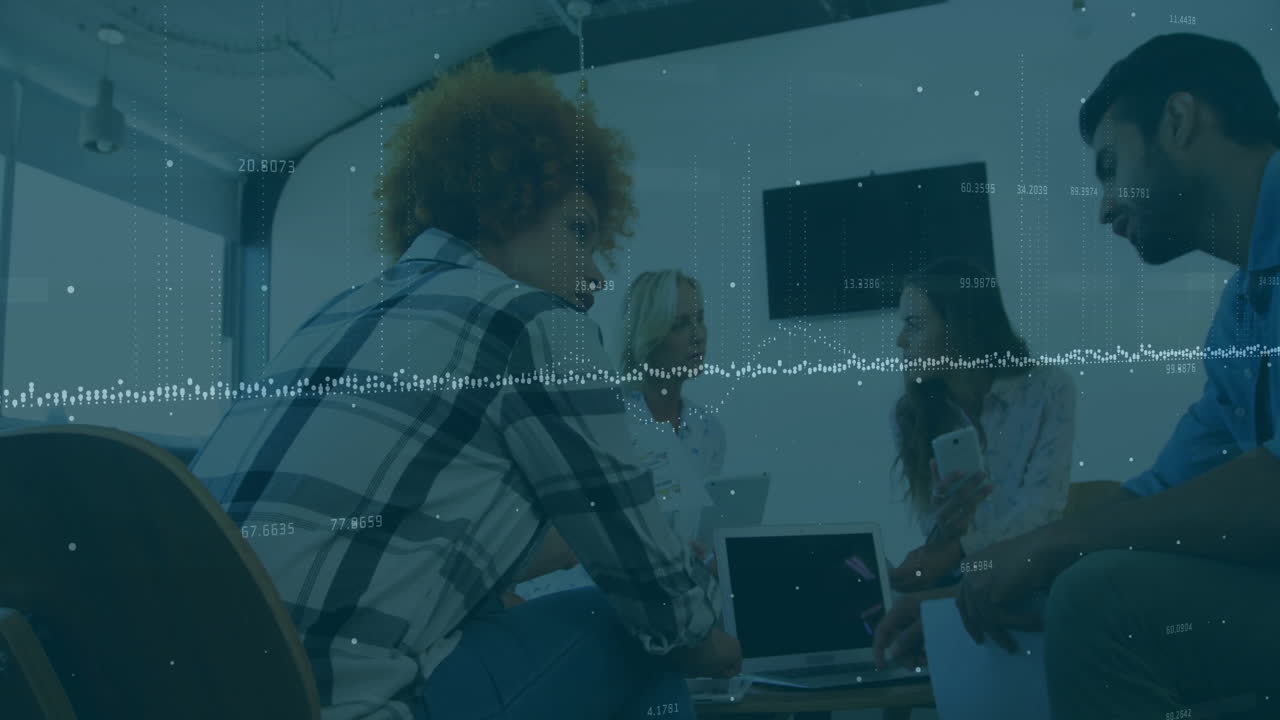 Animation of financial data processing over diverse business people in office