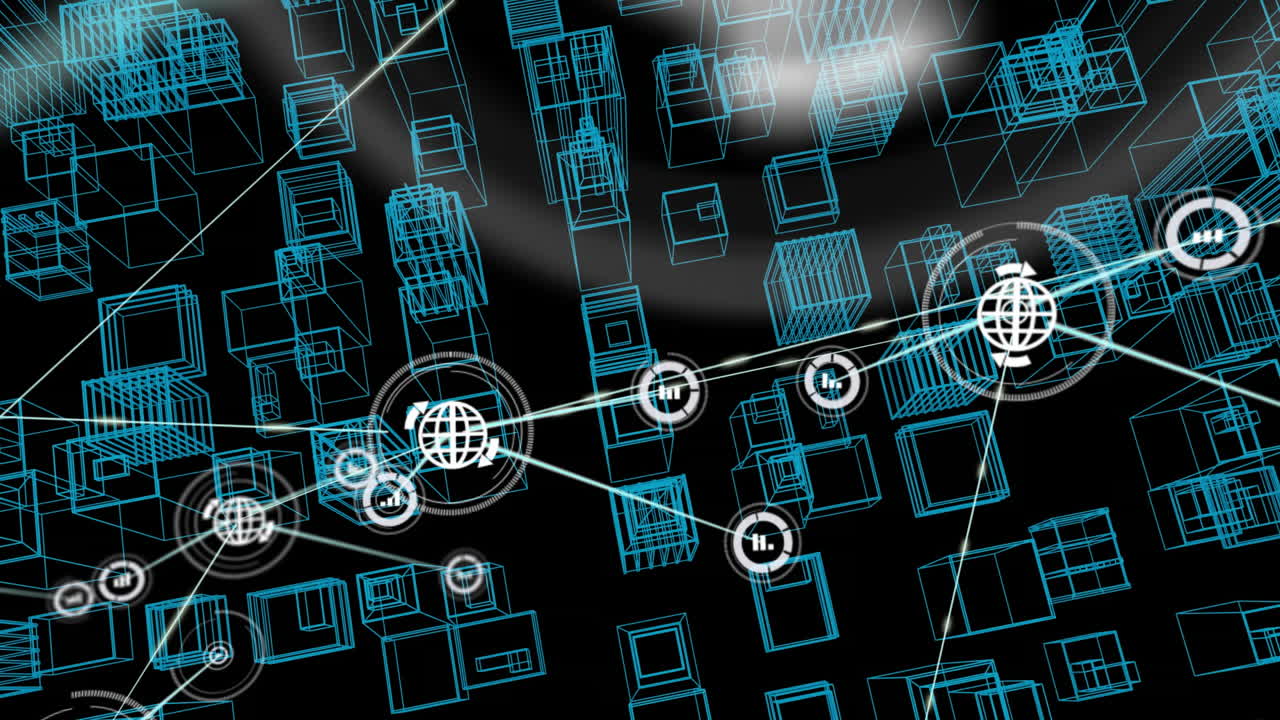 Network of connections and data processing animation over wireframe buildings