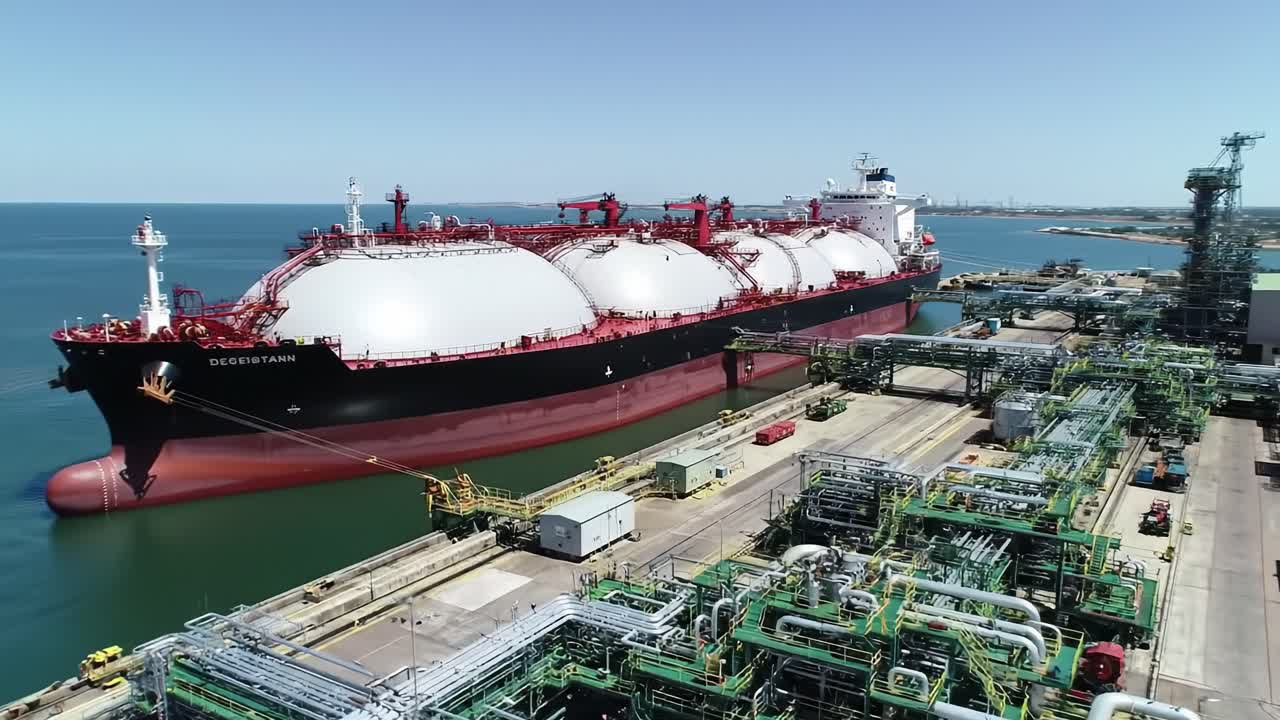 Massive Gas Tanker Docked at Industrial Facility, Showcasing Advanced Infrastructure and Maritime Operations in a Coastal Setting