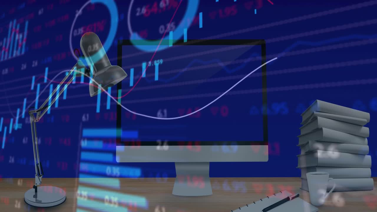elaborazione di dati finanziari contro computer e attrezzature di ufficio su scrivania di legno