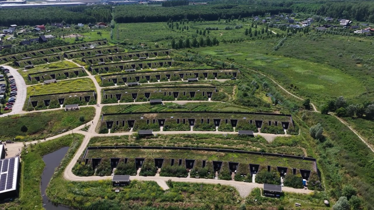 Luftfoto af naturinkluderende boliger dækket af grønt, der viser økologisk bygningsdesign, bæredygtig arkitektur og klimatilpasning i et boligområde.