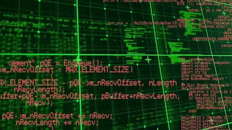 Digital Programming Code Scrolling on Green Grid Background