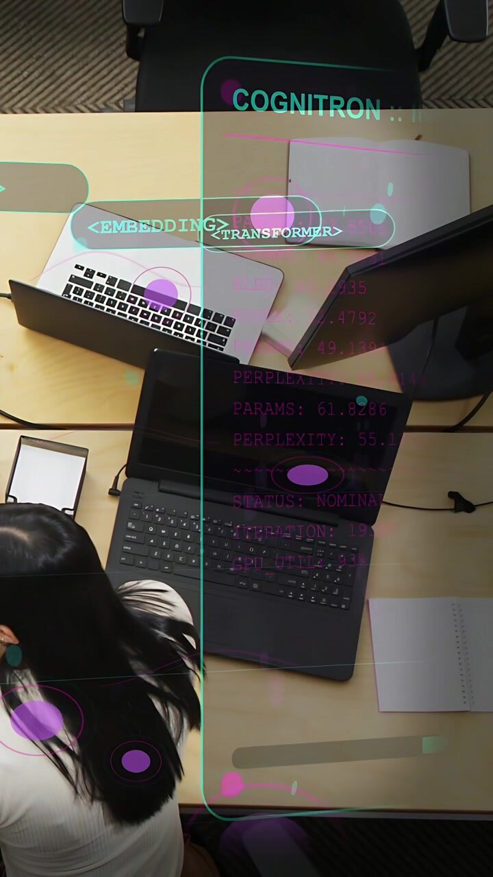 Vídeo vertical: Mulher no laptop usando o telefone, sobreposições de RA flutuando para destacar teclas para pesquisa de IA.