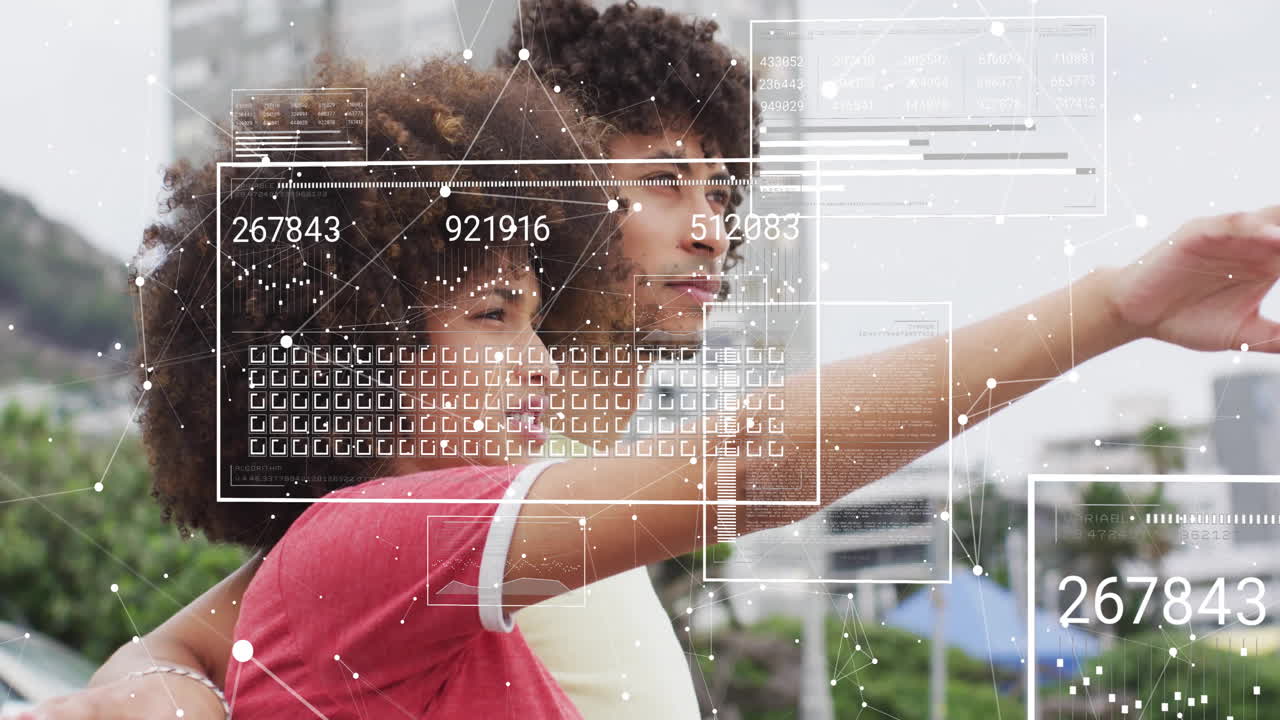 Animation of loading squares and bars, connected dots, diverse couple discussing about future