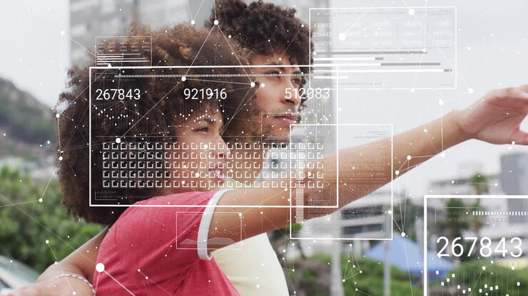 Animation of loading squares and bars, connected dots, diverse couple discussing about future