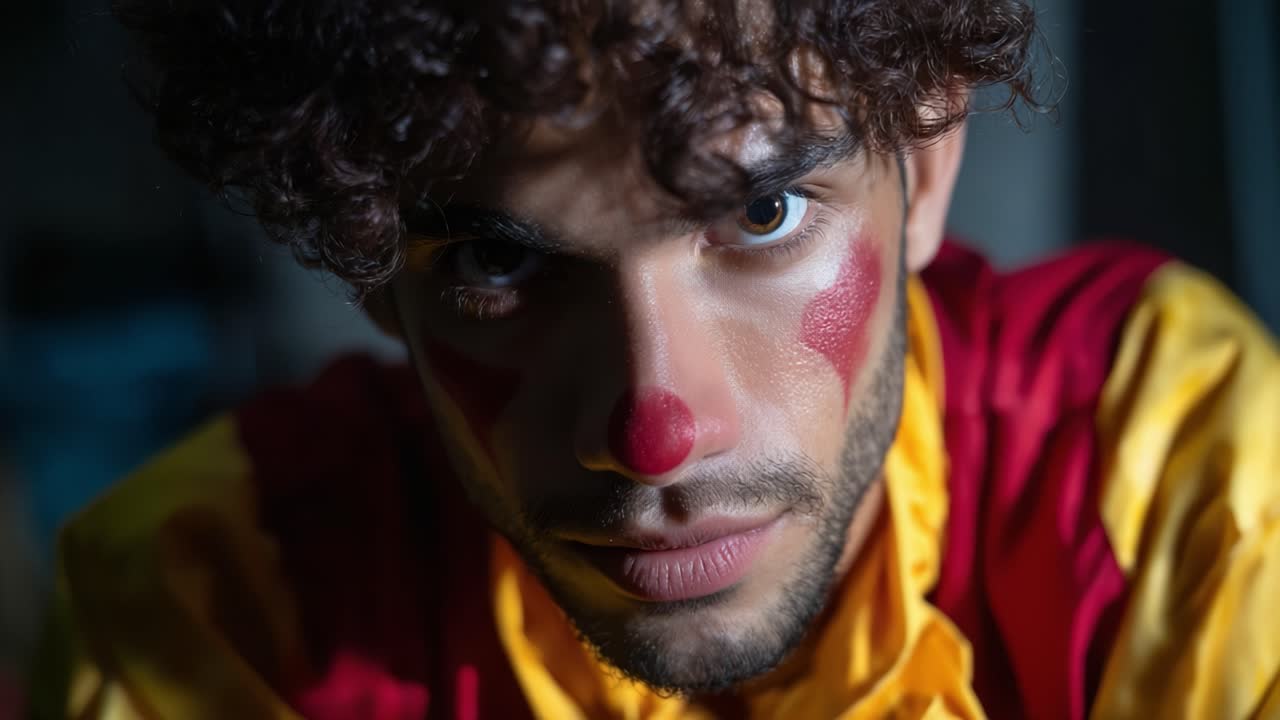 A Closer Look at a Clown's Intense Expression: Capturing the Unique Character and Emotions of a Performer in Full Costume and Makeup Under Dramatic Lighting