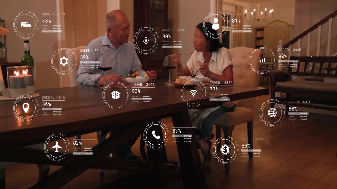 Mature man and senior woman eating at table, utensils motion initiating AR health widgets growing