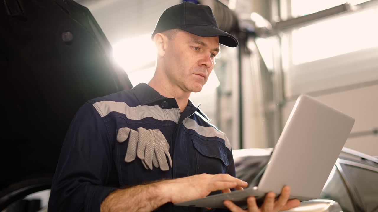 Car mechanic working on laptop in auto repair service, low angle view