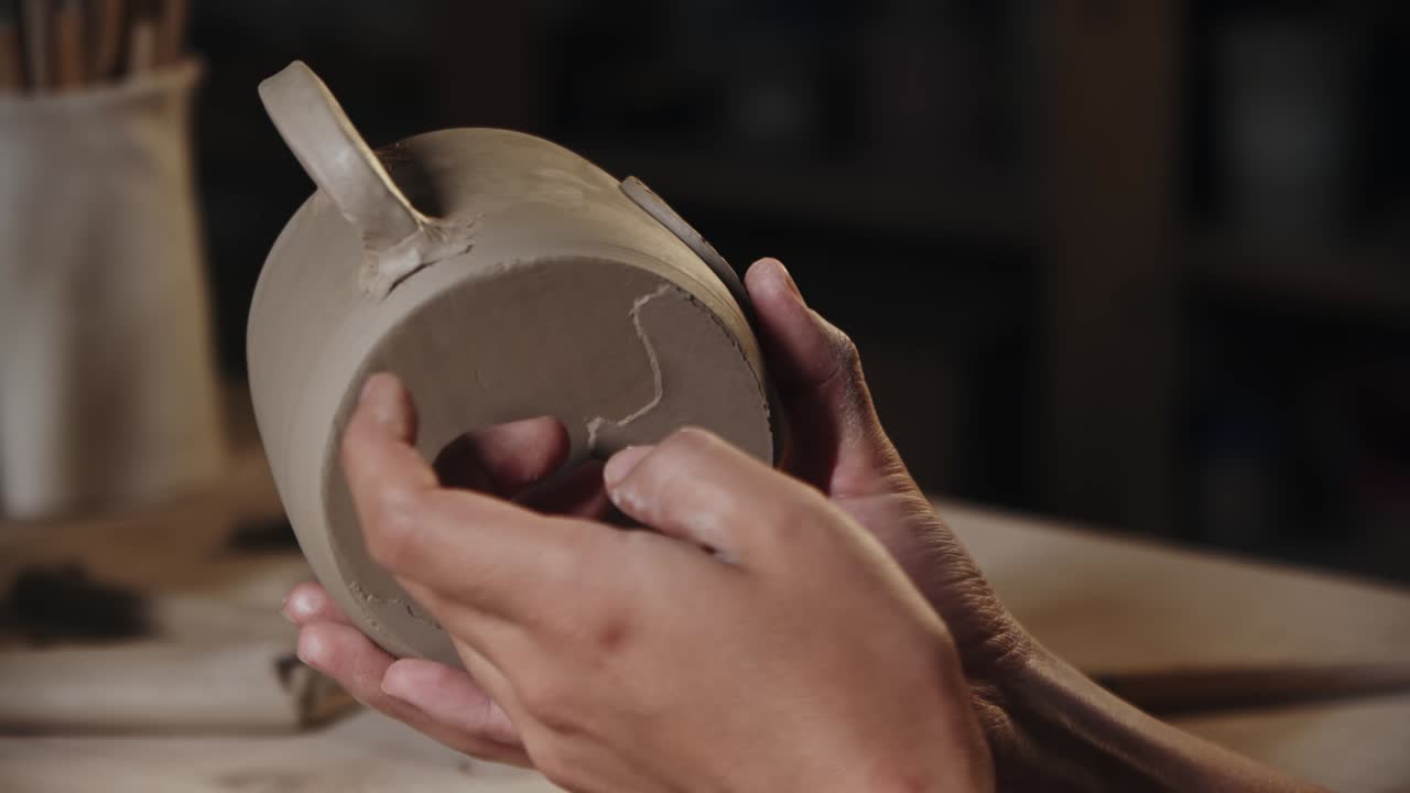 여인 도자기 가 컵  에서 과도 한 점토 를 어 내고 있다