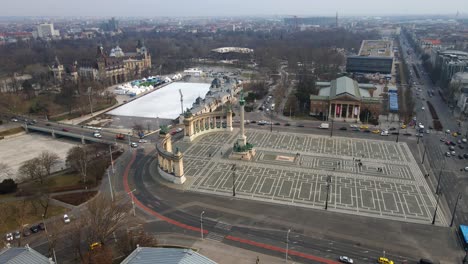 4K-drone-shot-over-Heroes-square-with-Vajdahunyad-castle-view-in-Budapest-Hungary-during-a-foggy-day