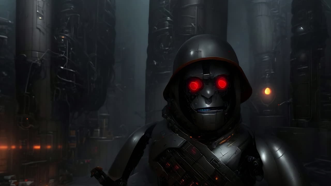 Cybernetic soldier in a futuristic city