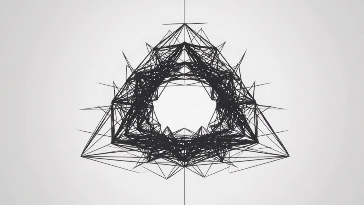 Evolving triangle wireframe as thin black strokes piling in studio, reshaping void and faint axis