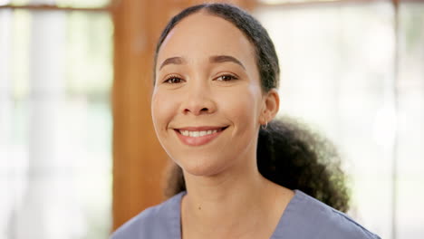 Woman,-happy-and-face-of-nurse-in-house