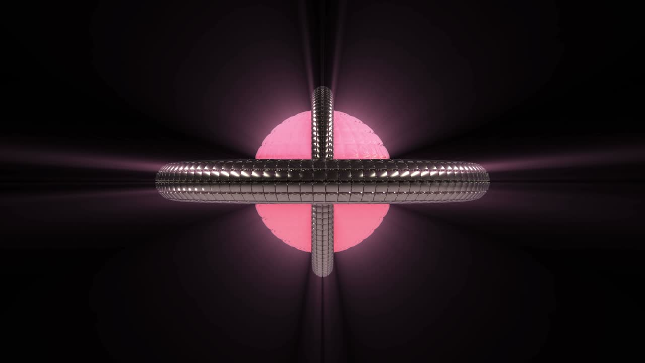 giro de una bola geométrica futurista construida a partir de cuadrados. órbitas que se mueven alrededor de la esfera de neón. patrón sin costuras.