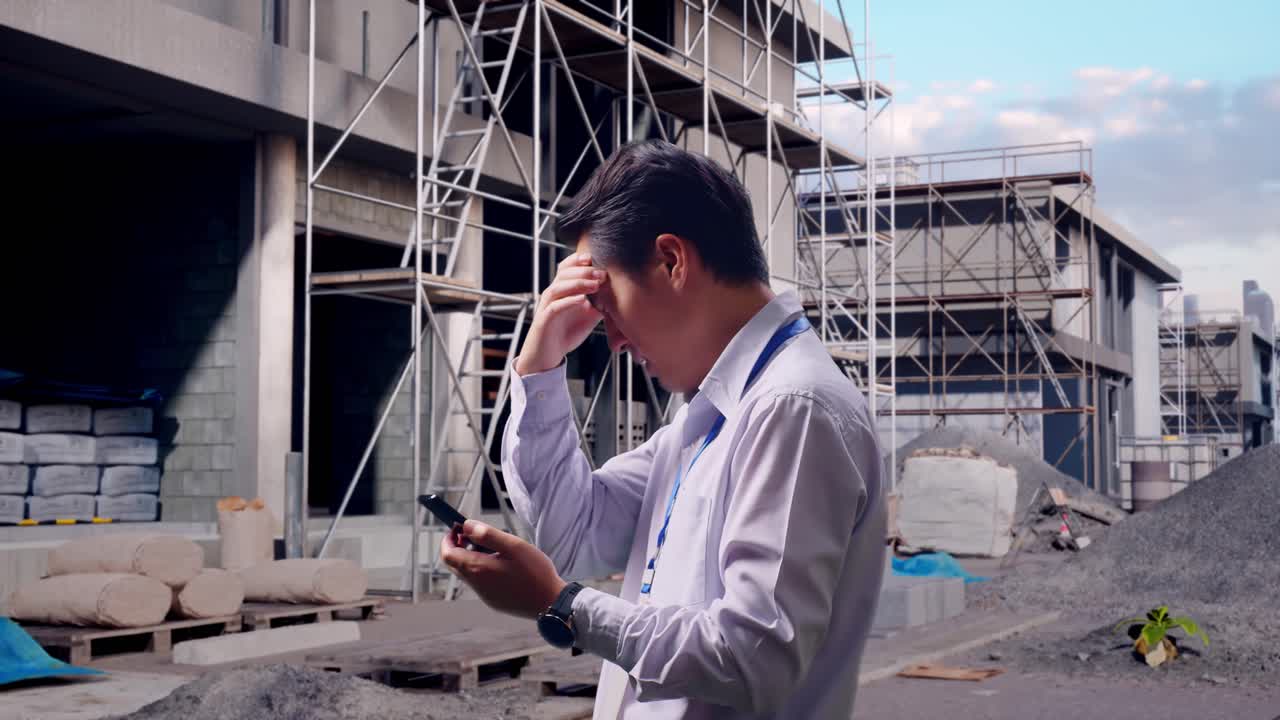 Tampak Samping Seorang Pekerja Profesional Pria Asia Berdiri dengan Ponsel Pintarnya di Lokasi Konstruksi yang Sedang Berlangsung ke Rumah Baru, Memeriksa dengan Kecewa dan Menganggukkan Kepalanya