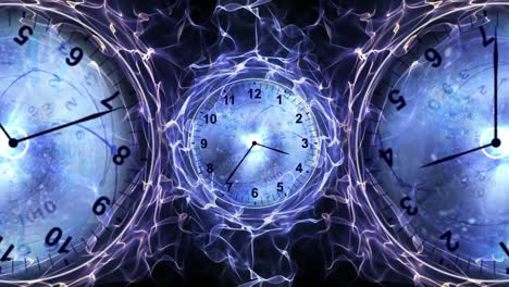 tres relojes y túnel en anillo de fibras, concepto de viaje en el tiempo, fondo, bucle