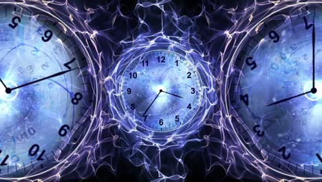 three clocks and tunnel in fibers ring, time travel concept, background, loop