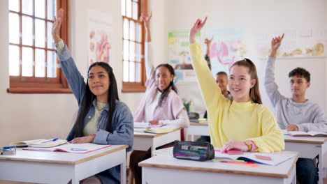 Hands-raised,-students-and-question-in-high