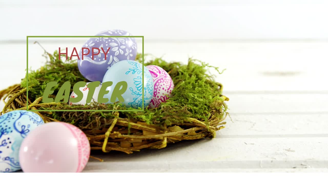 Una sottile linea verde appare, un nido di ramoscelli si sposta con uova dai colori pastello mentre la telecamera zooma, mostrando la scritta 'HAPPY EASTER' (Buona Pasqua).
