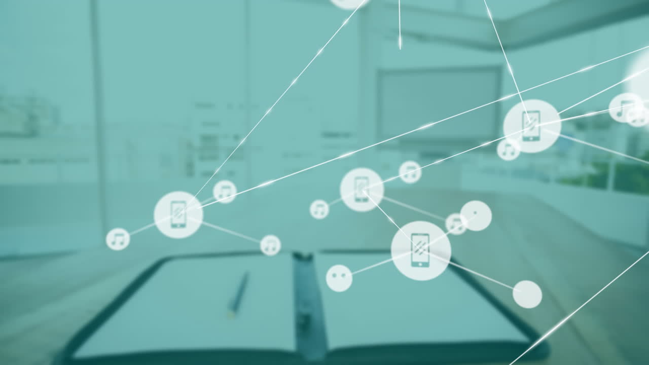 Network of connected devices and media icons animation over office workspace