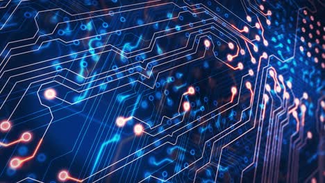 animation of light trails moving over computer circuit board