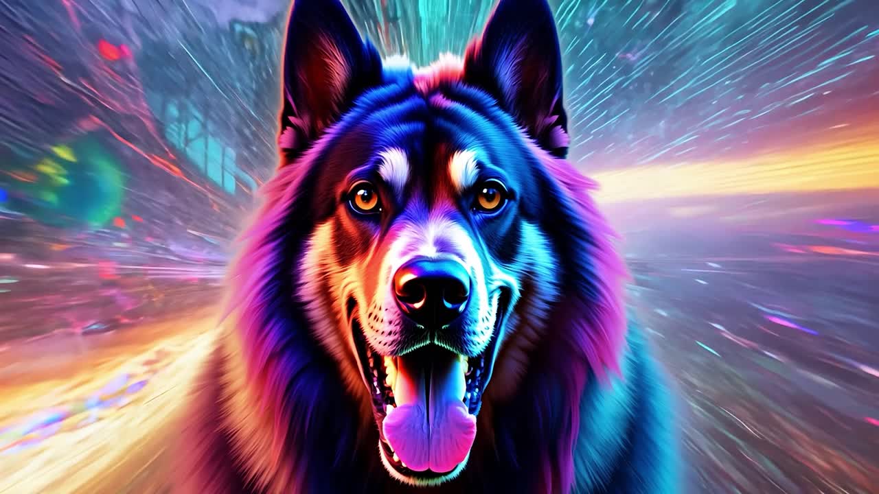 Dog travels through a vibrant hyperspace, surrounded by colorful streaks of light and energy at extreme speed