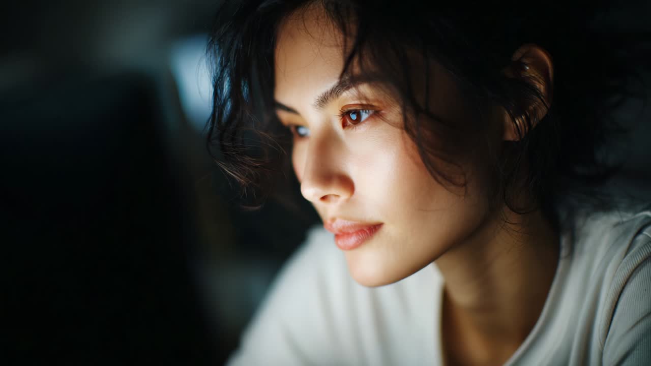 A Thoughtful Moment: Capturing the Introspective Expression of a Young Woman Looking at Her Computer Screen, Highlighting Her Unique Features and Natural Beauty in a Softly Lit Environment