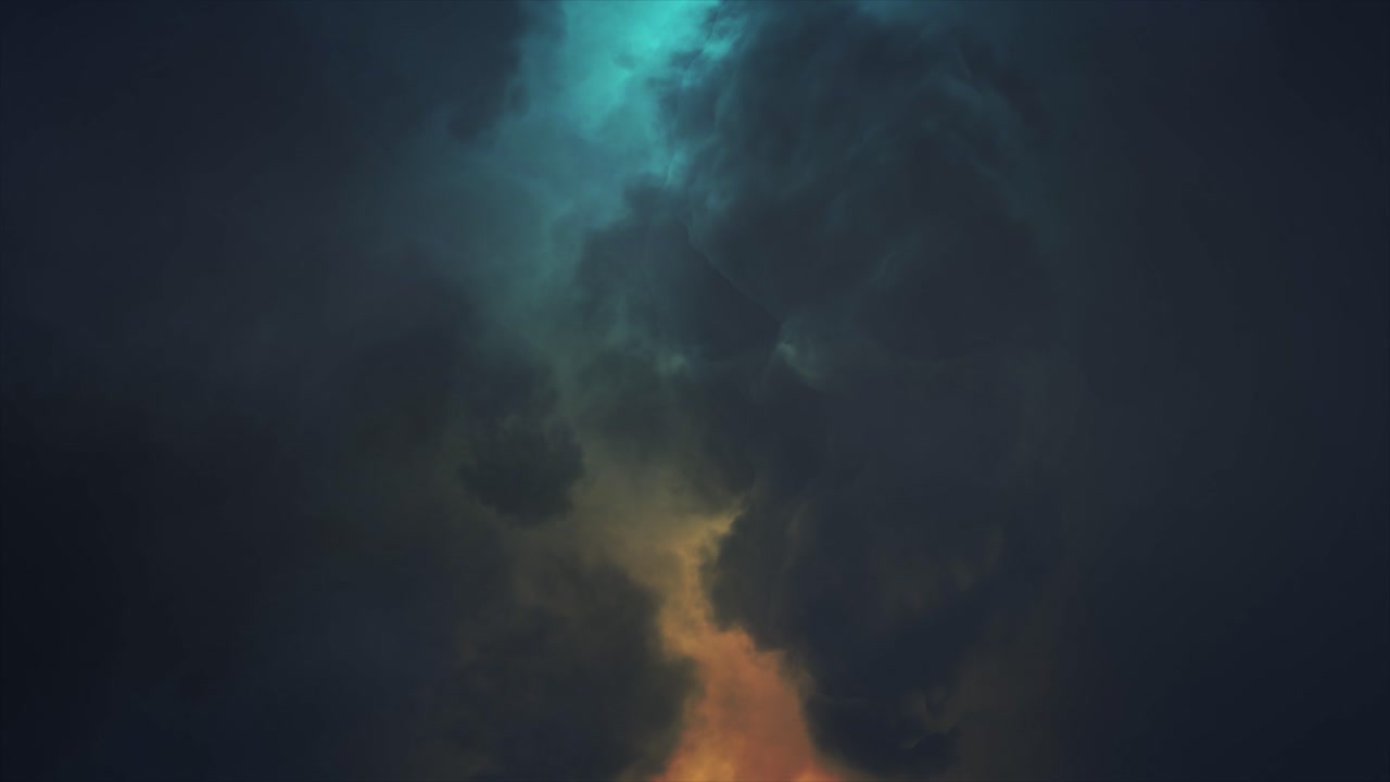 Cloud Lightning - Eerie spectacular and dramatic lightening storm illuminating dark sullen skull shaped cloud with brilliant intense bolts and flashes of magical orange and teal lightning